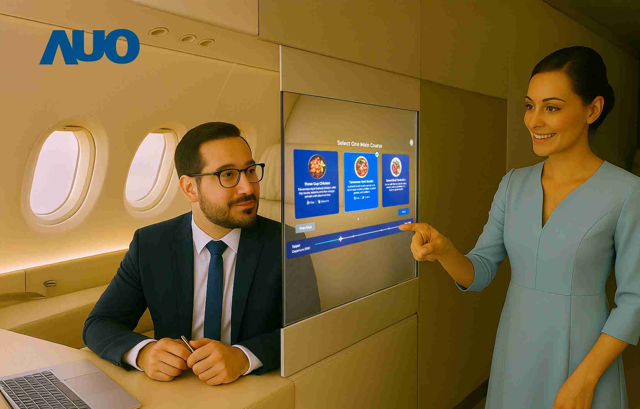 william威廉中文官网研发全球最薄17.3 吋双面透明 Micro LED 显示器，，，可在同一屏幕之双边投射不同信息，，创造独特的”透明化”互动；图为实时翻译交流应用情境